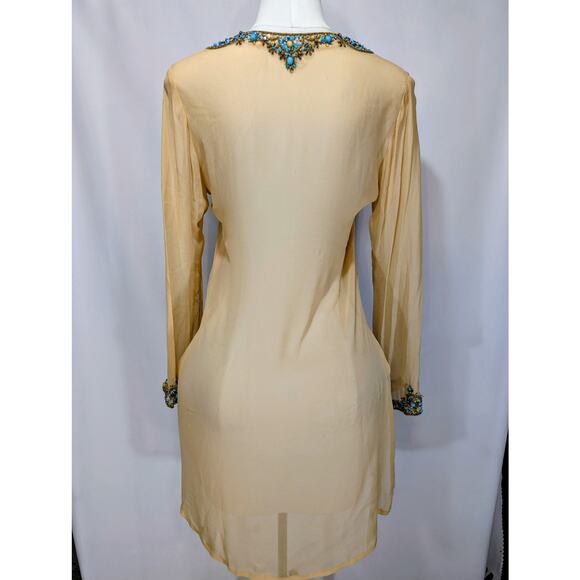 Saffron 100% Silk Beaded Tunic Top XL Beige Gold Blue Embellished Made in India - Picture 5 of 6